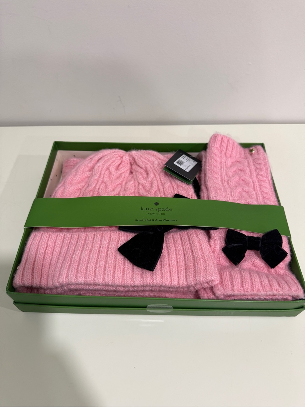 kate spade Pink Cable Knit Hat & Arm Warmer Set with Black Bow Accents